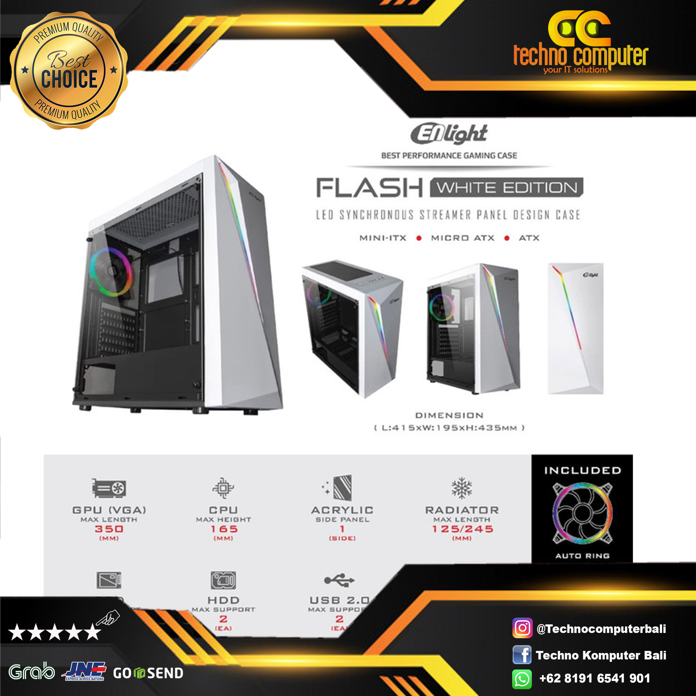 CASING INFINITY FLASH White - Mid Tower ATX Case Tempered Glass (Free 1x RGB Fan)