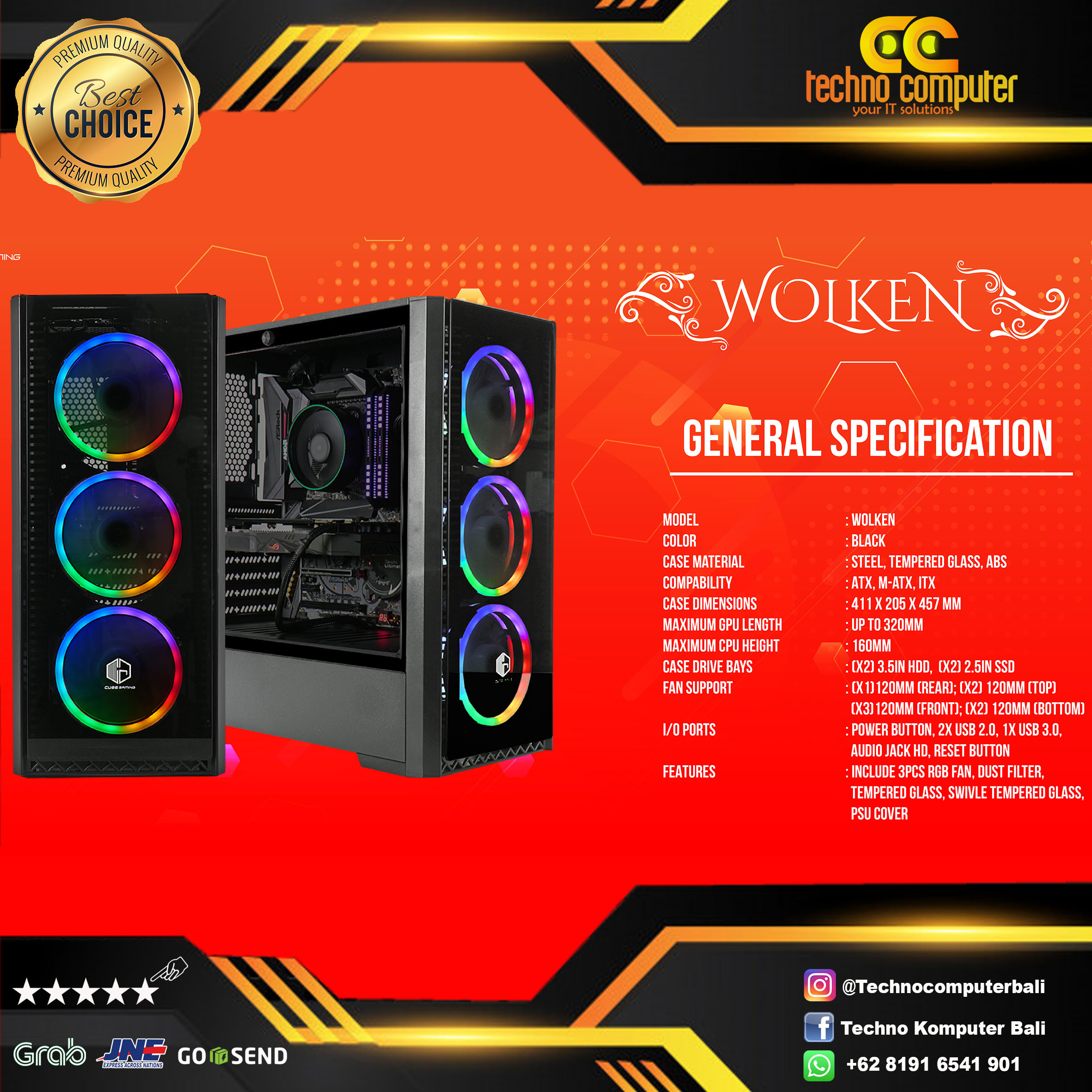 CASING CUBE GAMING WOLKEN - ATX TEMPERED GLASS-FREE 3PCS 12CM RAINBOW RGB FAN