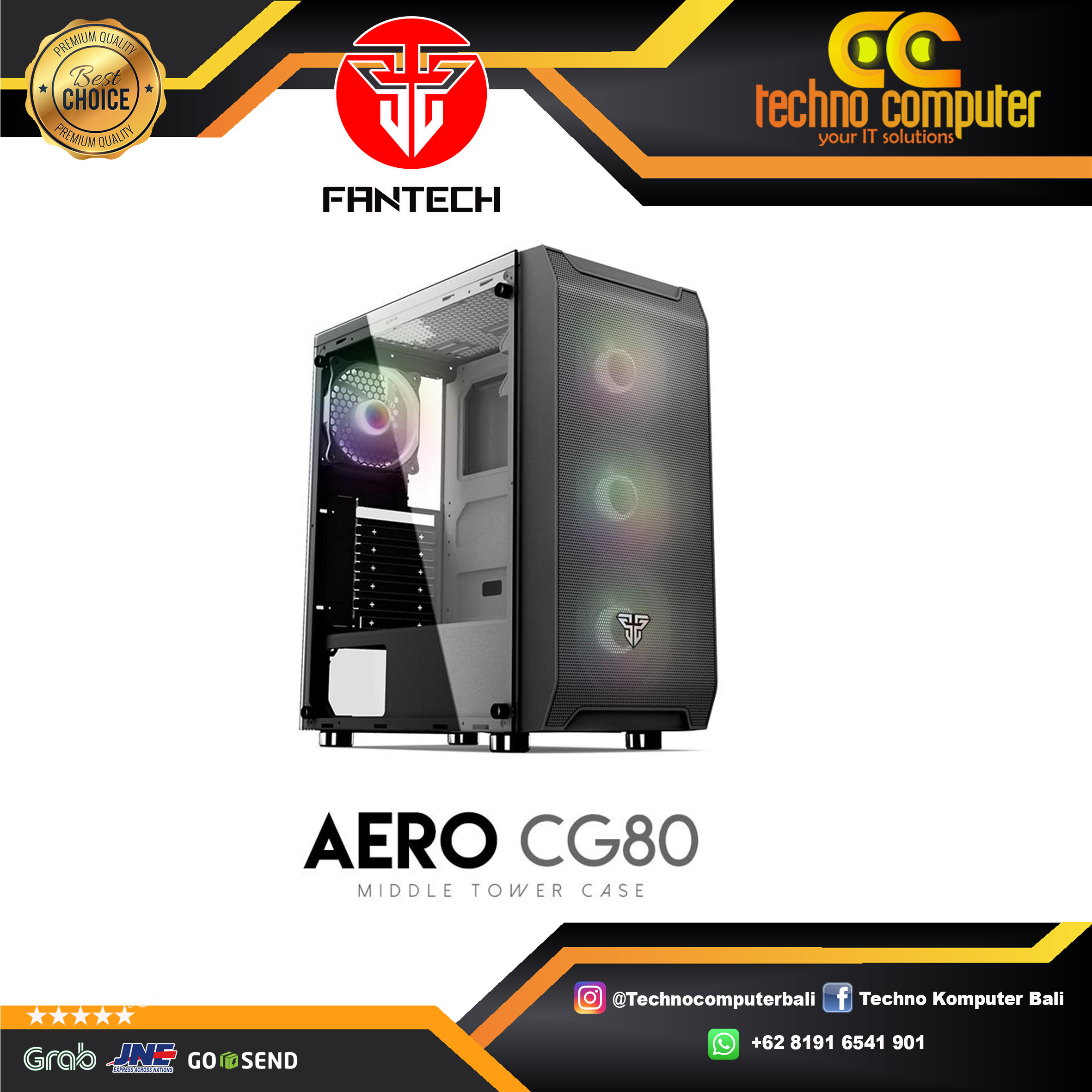 CASING FANTECH AERO CG80 Black - Mid Tower Desktop Case 4 Rainbow Fans Included
