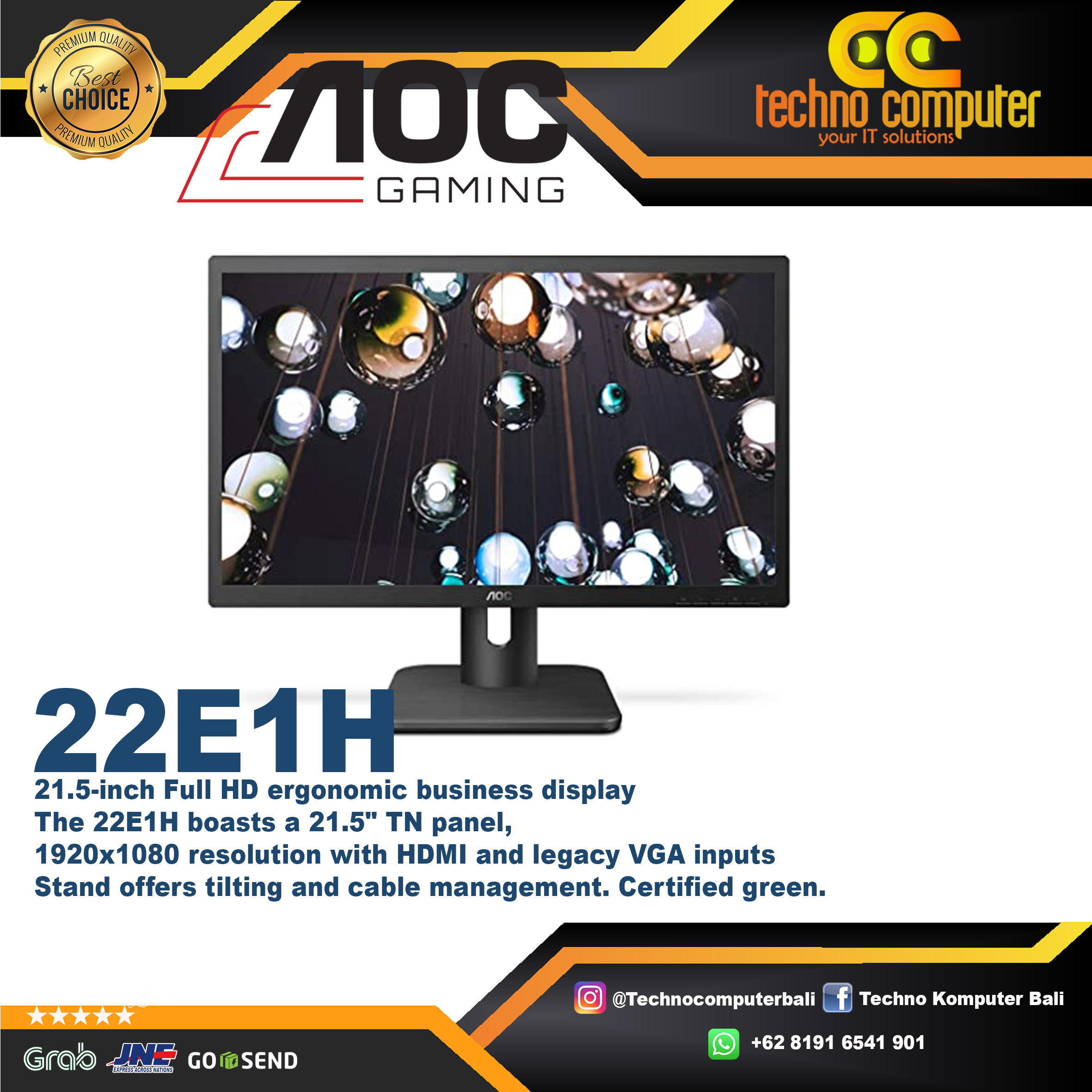 AOC 22E1H LED Monitor - 22 inch, FHD (1920 x 1080), TN, 60Hz, 2ms,
