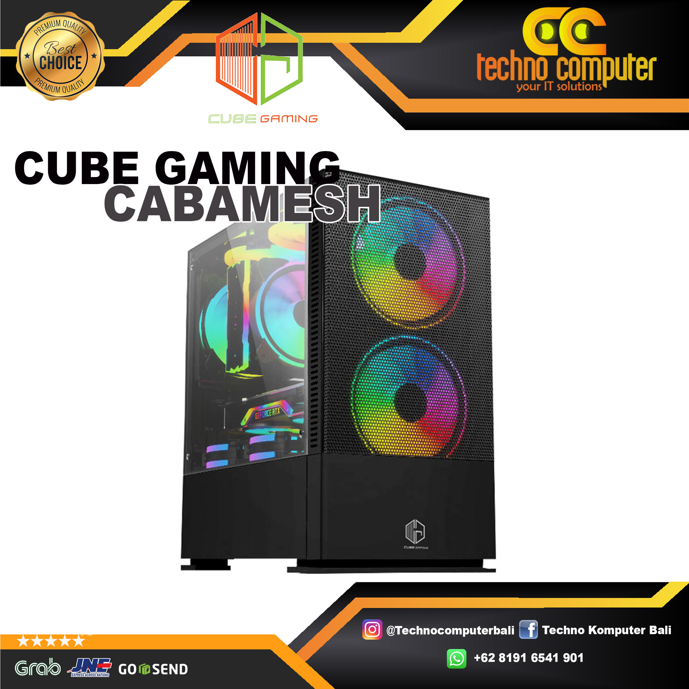 CASING CUBE GAMING CABAMESH BLACK - FREE 2 PCS RGB FAN - SIDE TEMPERED GLASS
