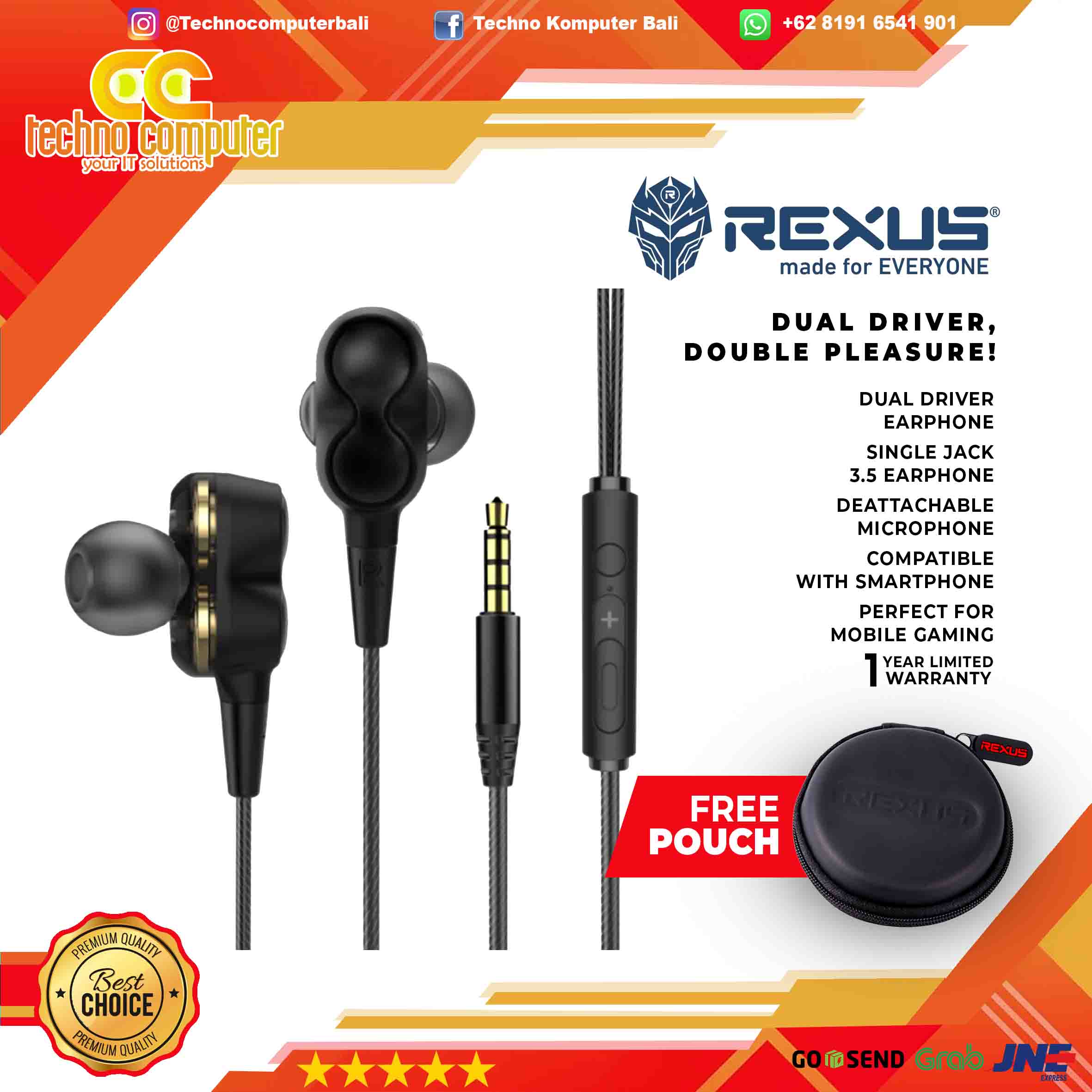 EARPHONE REXUS EP3 BLACK FREE POUCH