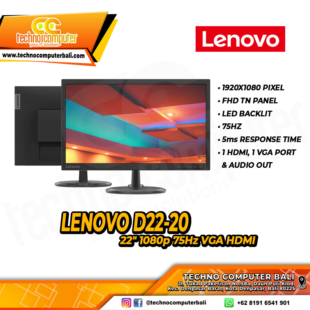 LENOVO D22-20 LED Monitor - 22 inch, FHD (1920 x 1080), TN, 75Hz, HDMI, VGA