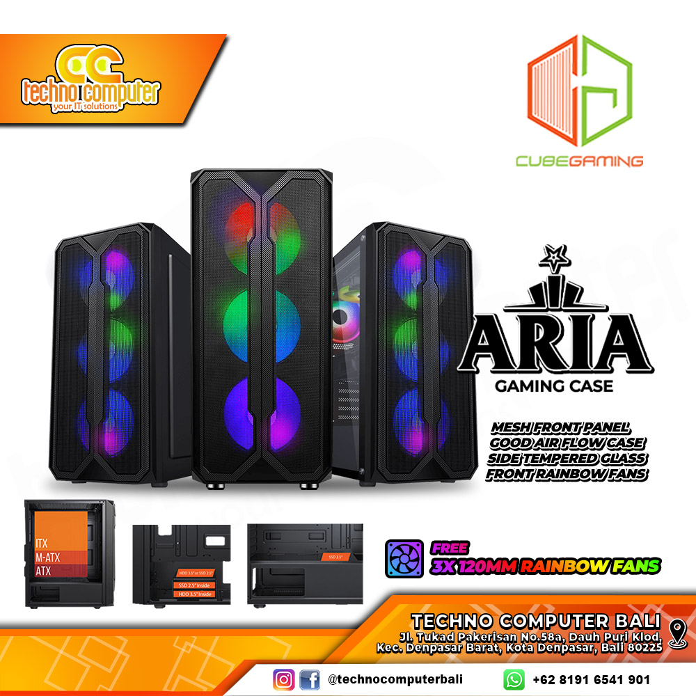 CASING CUBE GAMING ARIA - ATX Case Tempered Glass (Free 3x Rainbow RGB Fan)