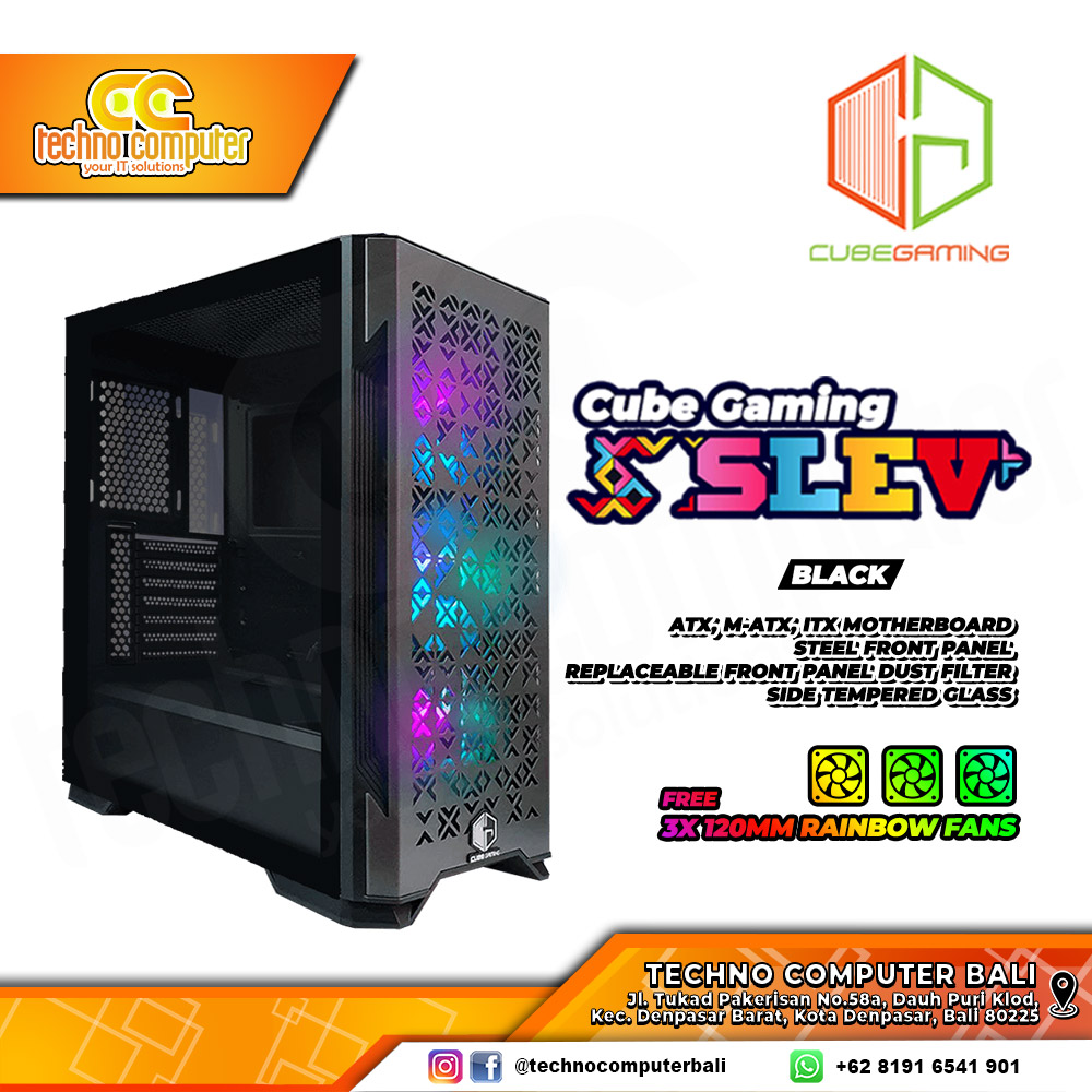 CASING CUBE GAMING SLEV Black - Mid Tower ATX Case (Free 3x RGB Fan)