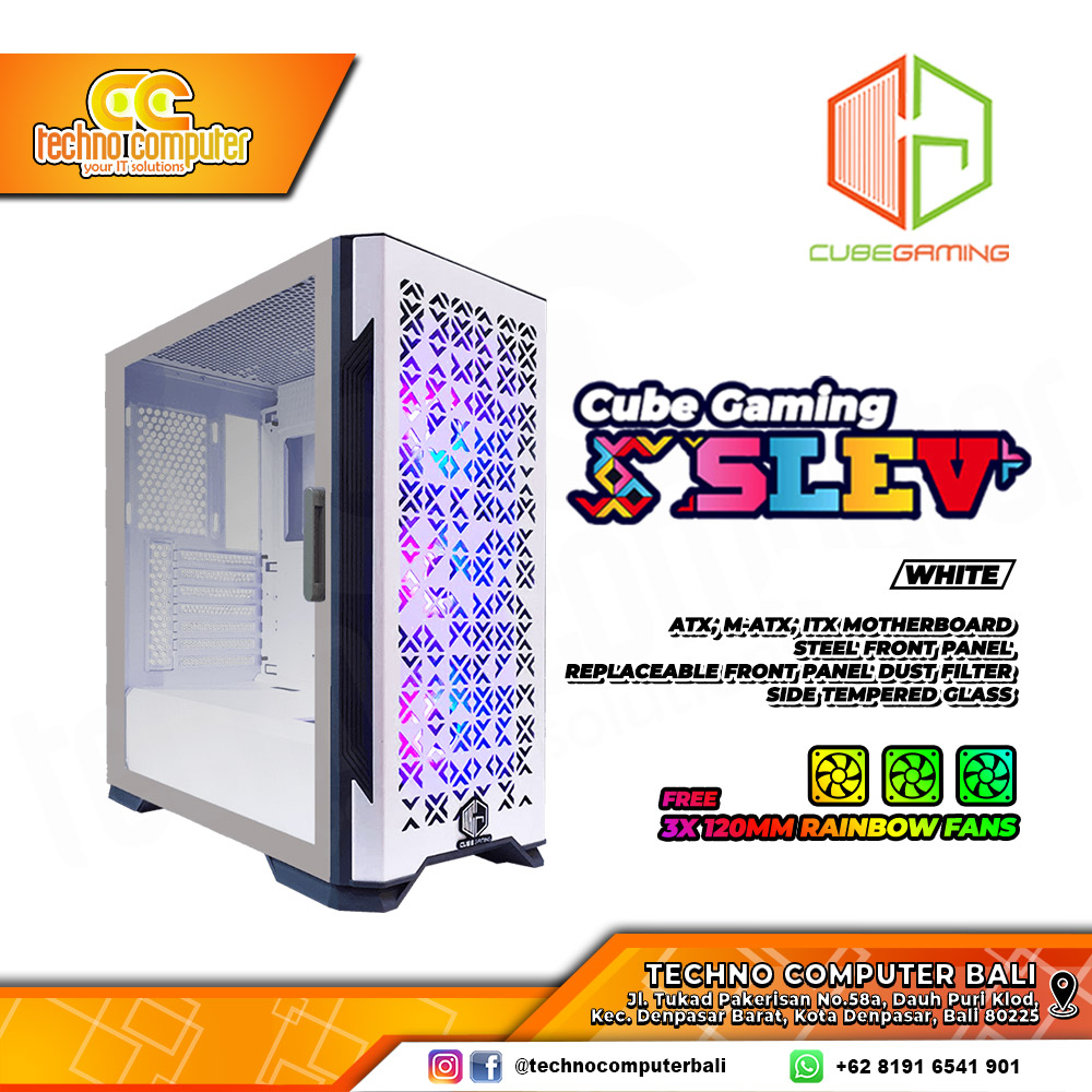 CASING CUBE GAMING SLEV White - Mid Tower ATX Case (Free 3x RGB Fan)