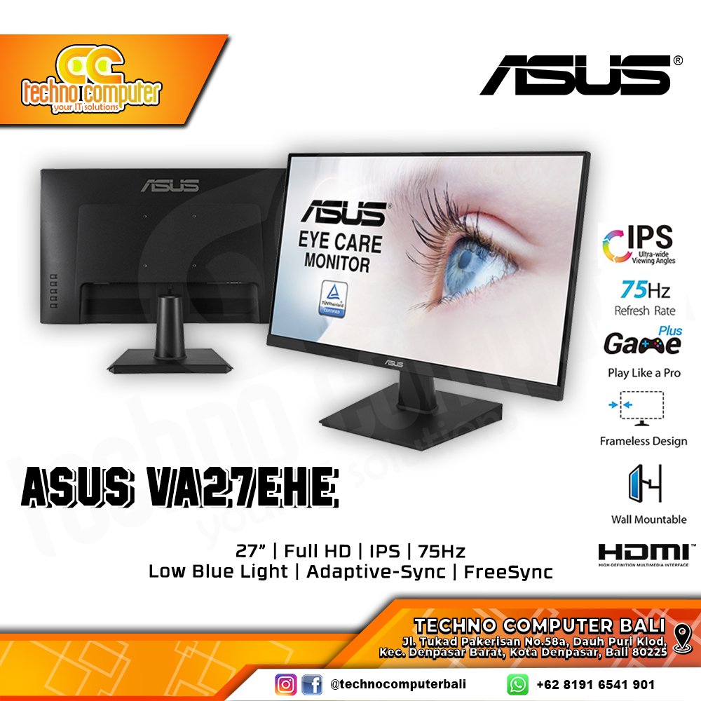 ASUS VA27EHE LED Monitor - 27 inch, FHD (1920 x 1080), IPS, 75Hz, Frameless