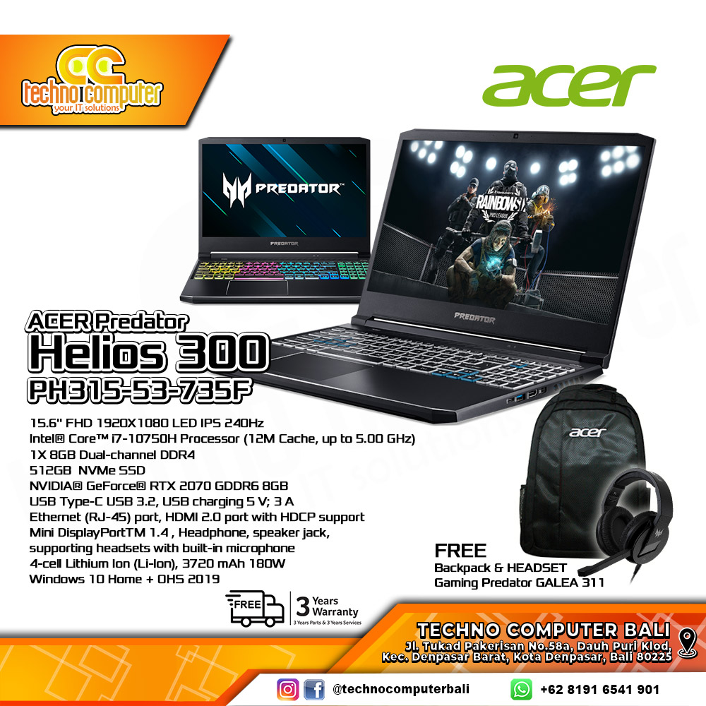 ACER PREDATOR HELIOS 300 PH315-53-735F - I7-10750H RTX2070 240Hz