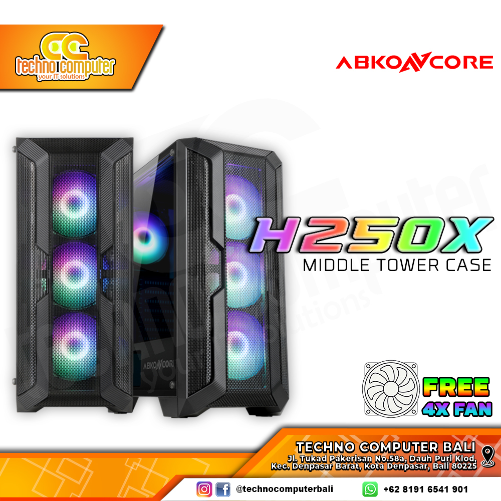 CASING ABKONCORE H250X - PREMIUM MID TOWER ATX CASE Include 4x FAN