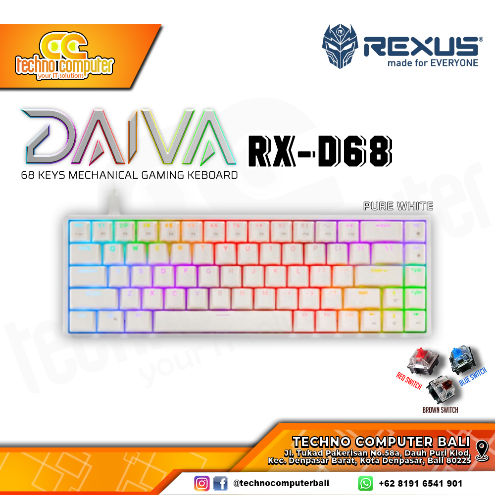 REXUS DAIVA RX-D68 White - Mechanical Red Switch - Gaming Keyboard