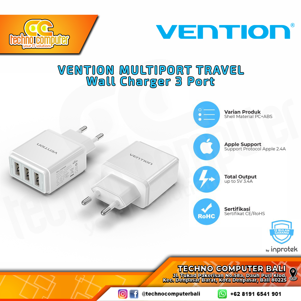 VENTION ADAPTOR CHARGER USB Multiport USB-A for Apple 2.1A 5V - DC5307 WHITE