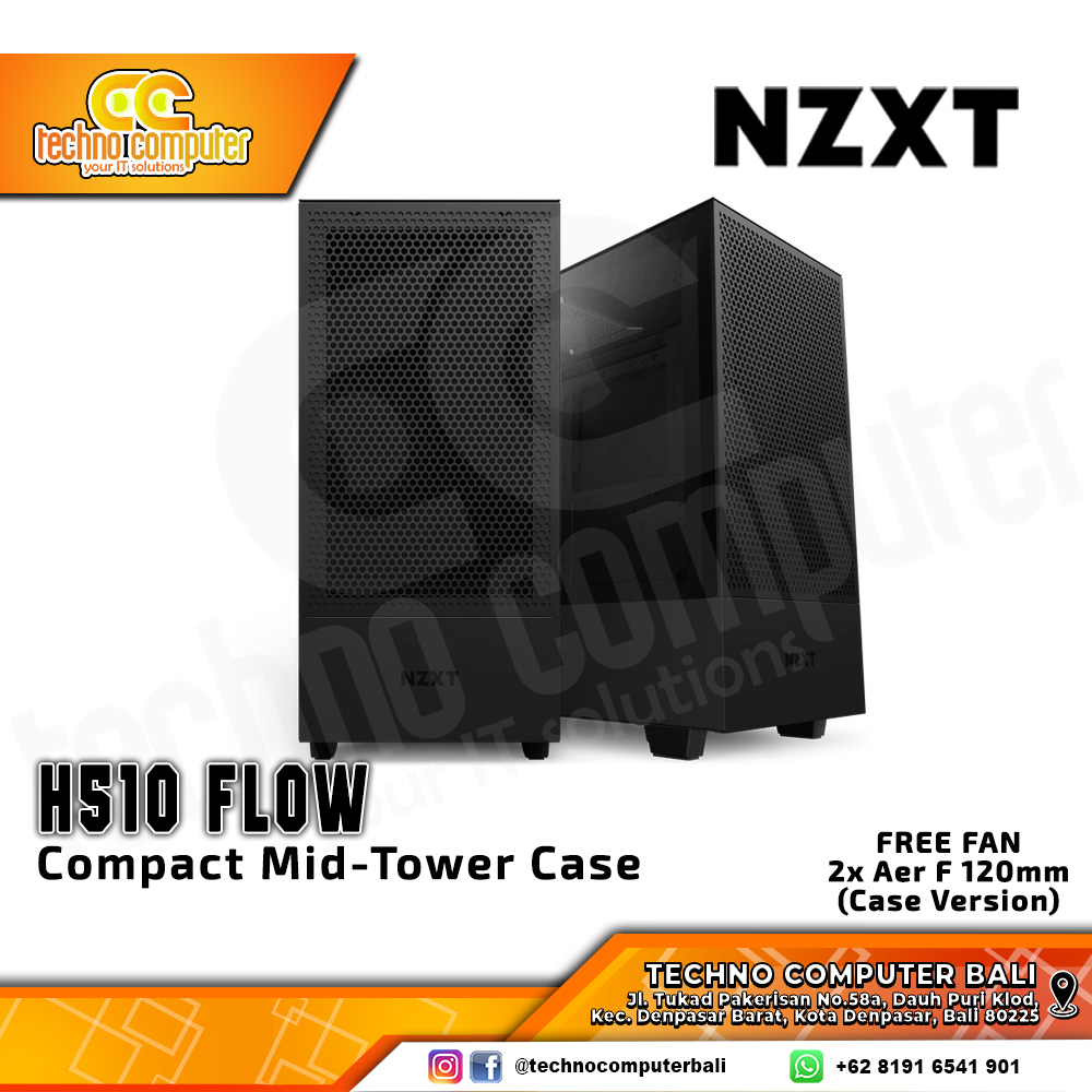 CASING NZXT H510 FLOW Matte Black - Mid Tower ATX Case Tempered Glass (Free 2x Fan)