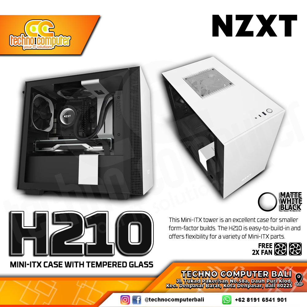 CASING NZXT H210 Matte White - Mid Tower mITX Case Tempered Glass (Free 2x Fan)