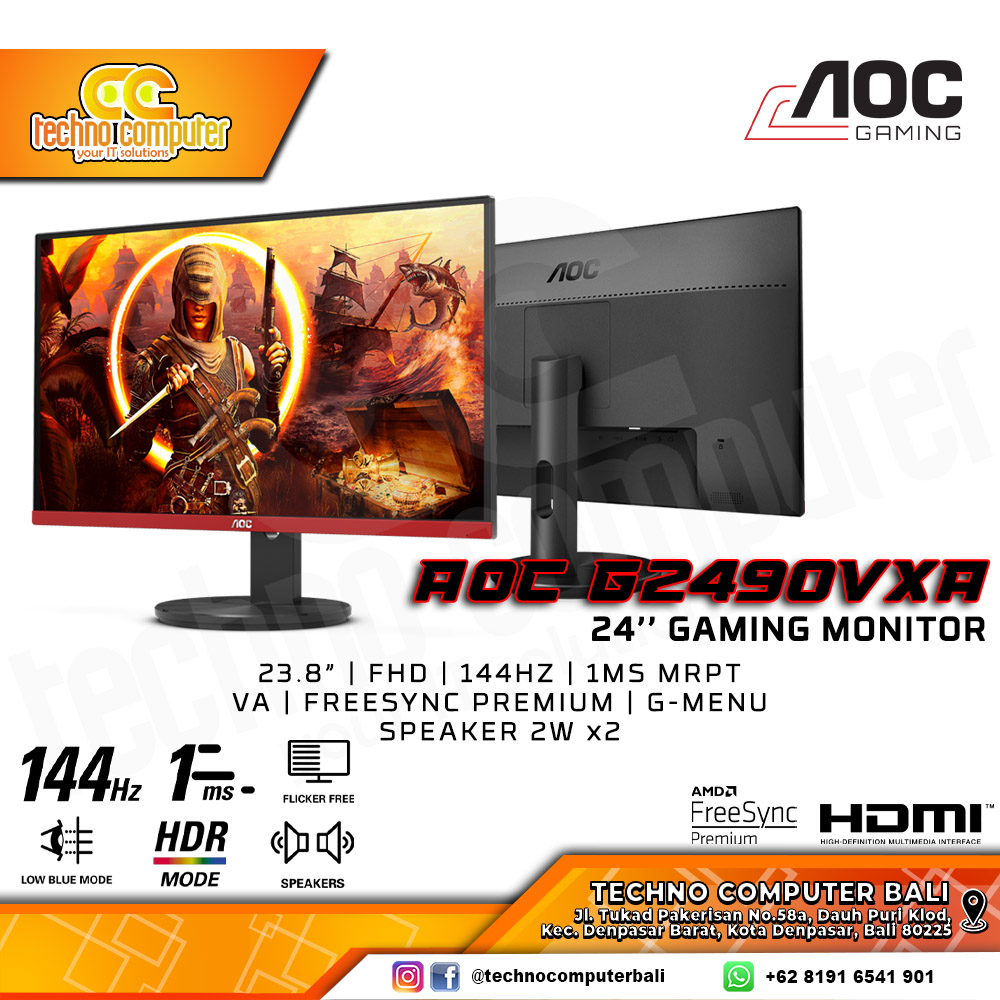 AOC G2490VXA Gaming Monitor - 24 inch, FHD (1920 x 1080), VA, 144Hz, 1ms, FreeSync