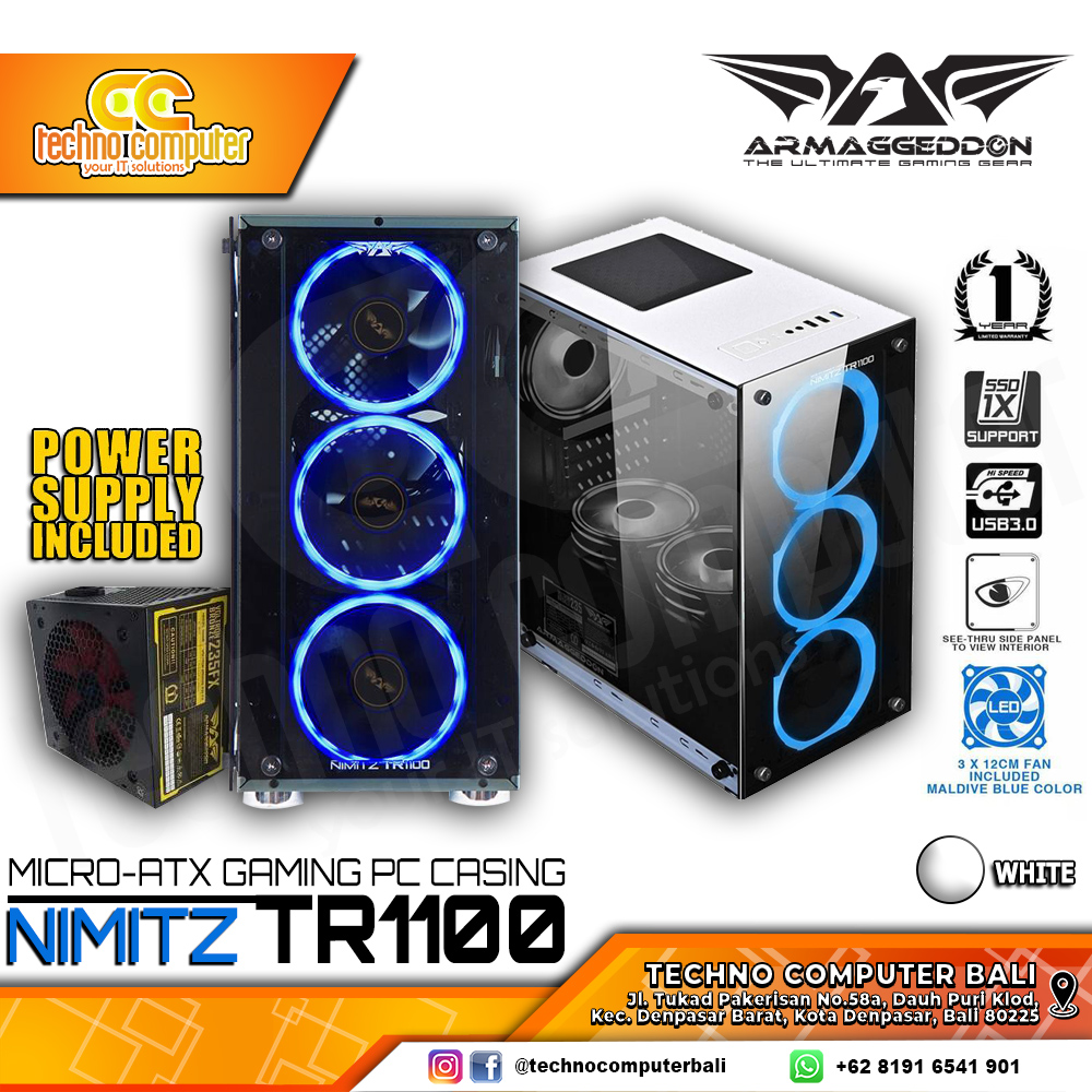 CASING ARMAGEDDON NIMITZ TR1100 White - mATX Case (PSU 250w + 3x Fan)