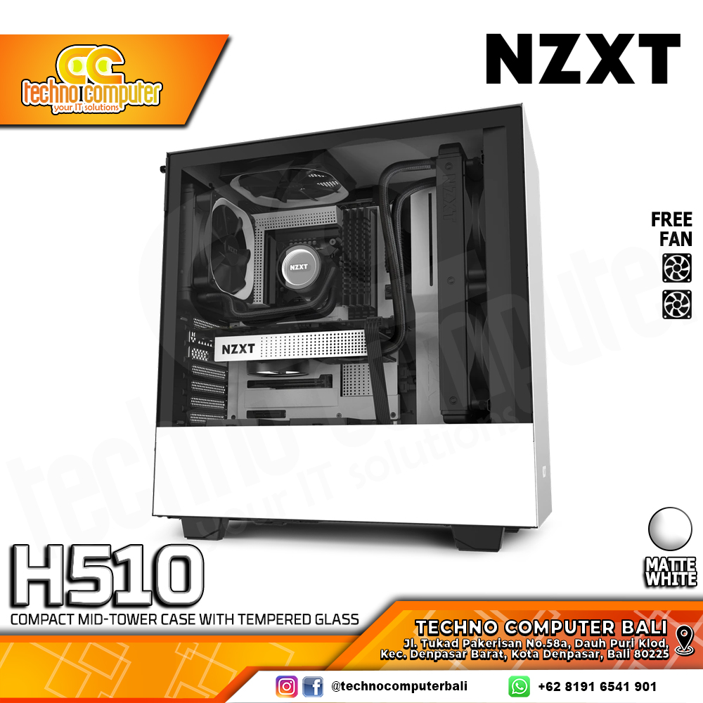 CASING NZXT H510 Matte White - Mid Tower ATX Case Tempered Glass (Free 2x Fan)