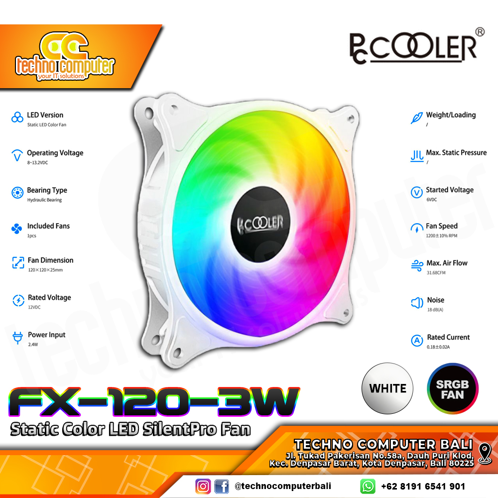 FAN CASING PC-COOLER FX120-3W WHITE Fix Led Colour - 120mm Single Pack