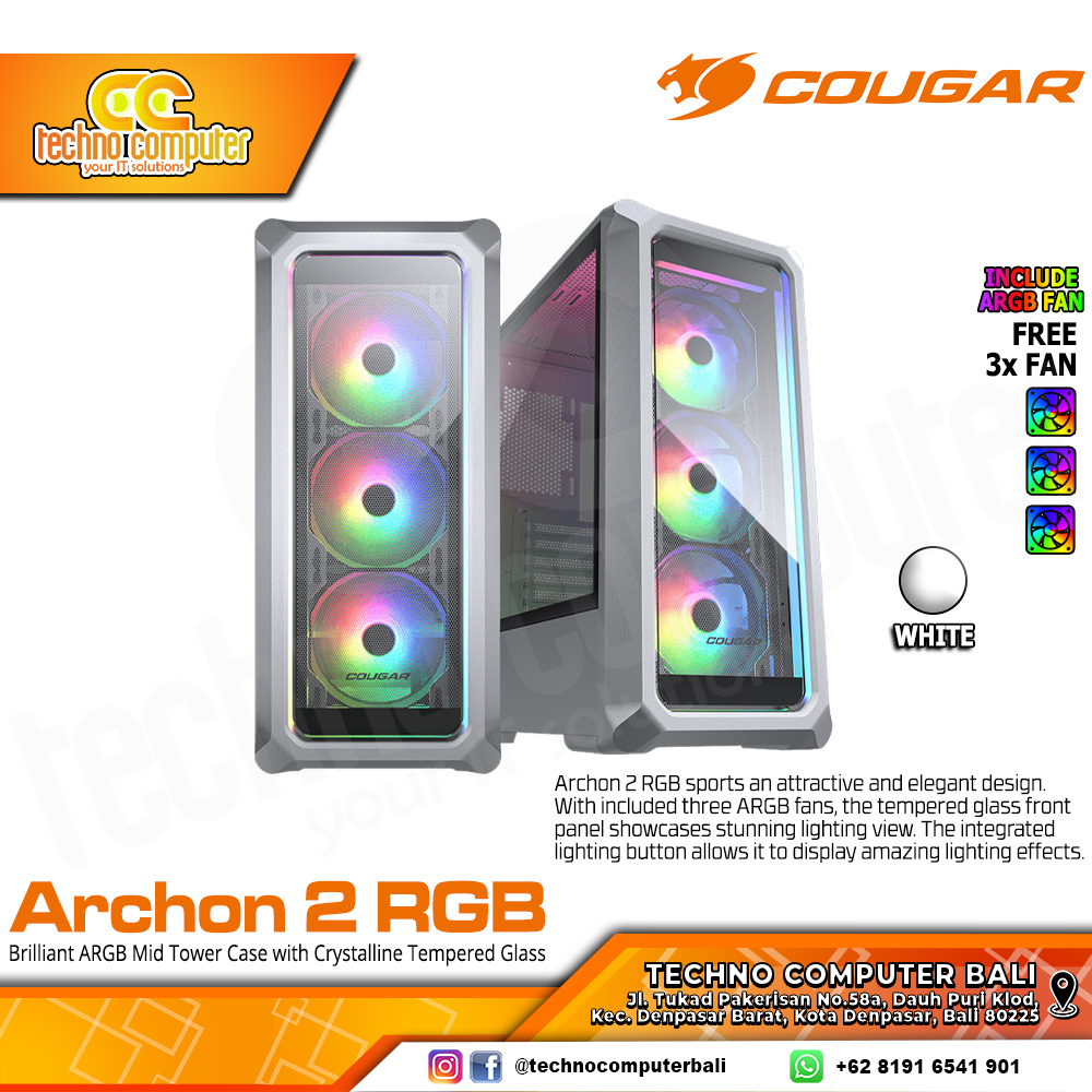 CASING COUGAR ARCHON 2 RGB White - Mid Tower ATX Case Tempered Glass (Free 3x ARGB Fan)