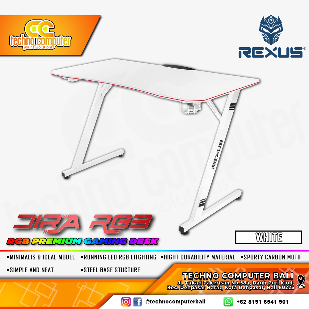 MEJA GAMING REXUS DIRA RXD-120 RGB GAMING DESK With Headphone Hook & Cup Holder - WHITE/WHITE