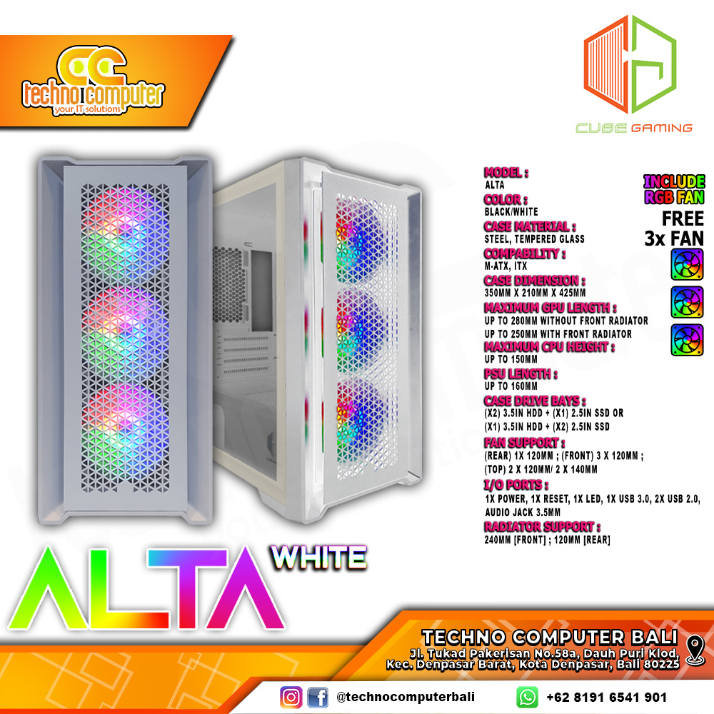 CASING CUBE GAMING ALTA White - Mid Tower mATX Case Tempered Glass (Free 3x RGB Fan)