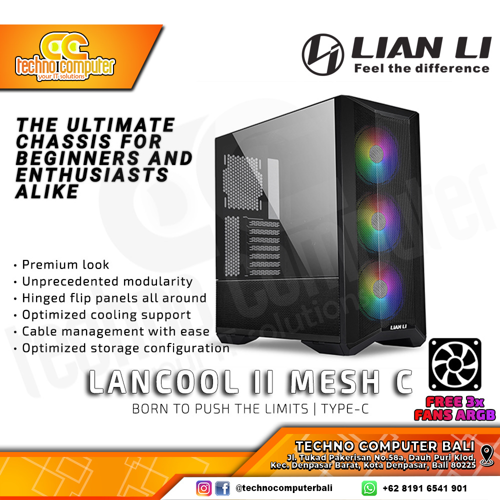 CASING LIAN LI LANCOOL II MESH C RGB Black - Mid Tower E-ATX Case Tempered Glass (Free 3x ARGB Fan)
