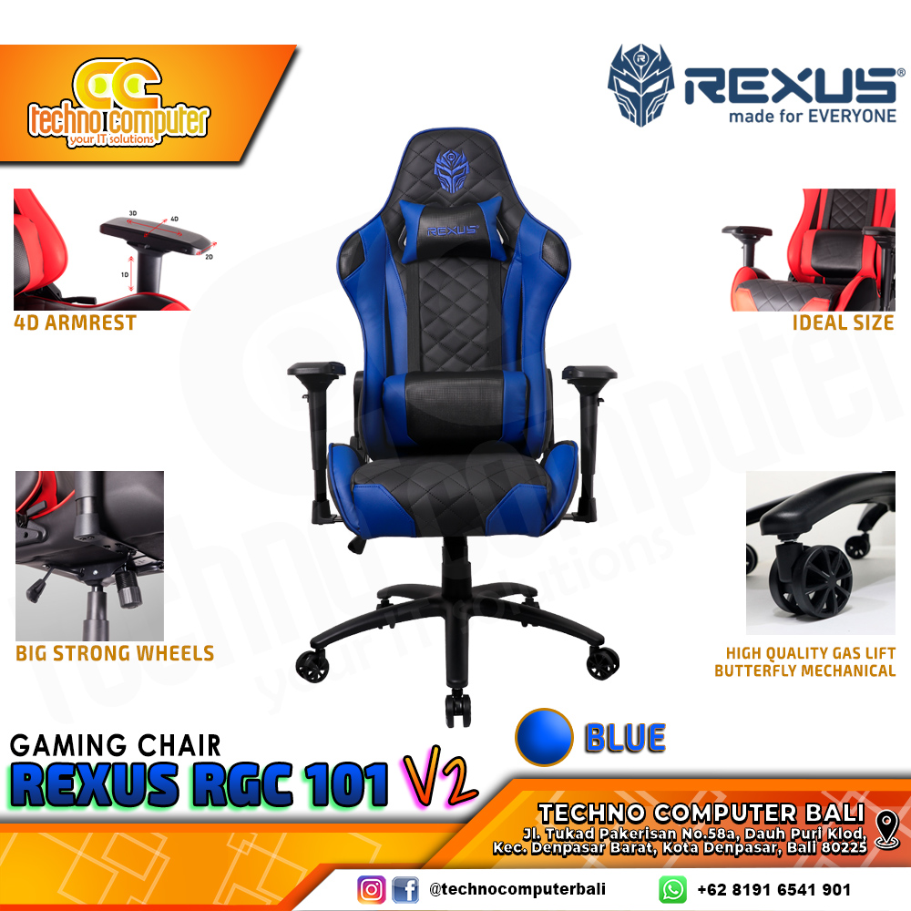 KURSI GAMING REXUS RGC-101 v2 GAMING CHAIR 4D Armrest - BLUE