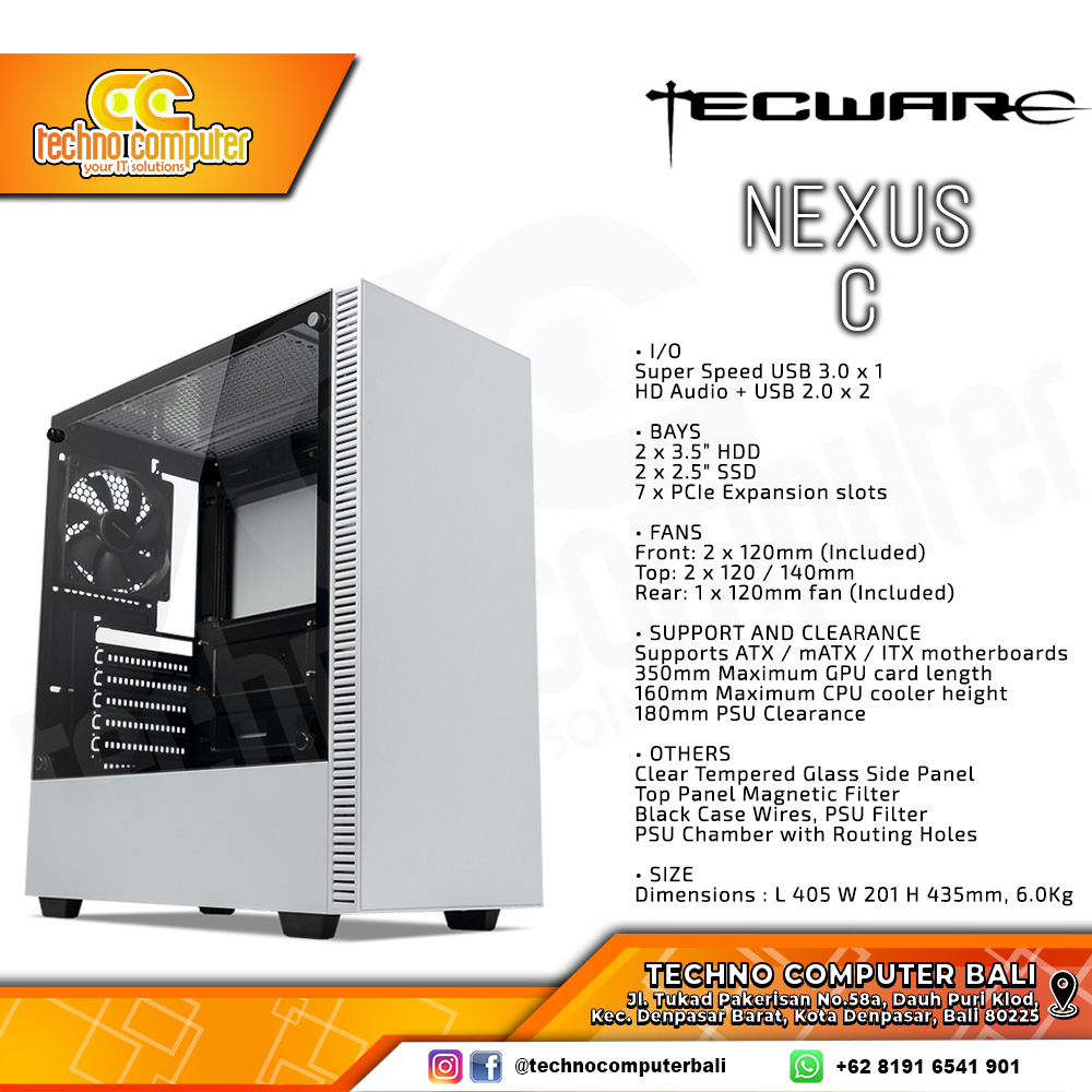 CASING TECWARE NEXUS C White - Mid Tower ATX Case Tempered Glass (Free 3x Fan)