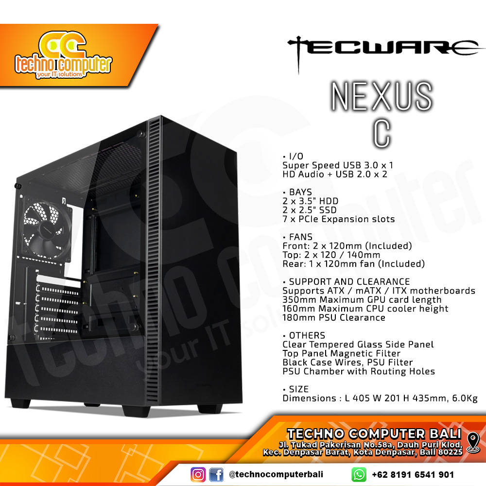 CASING TECWARE NEXUS C Black - Mid Tower ATX Case Tempered Glass (Free 3x Fan)