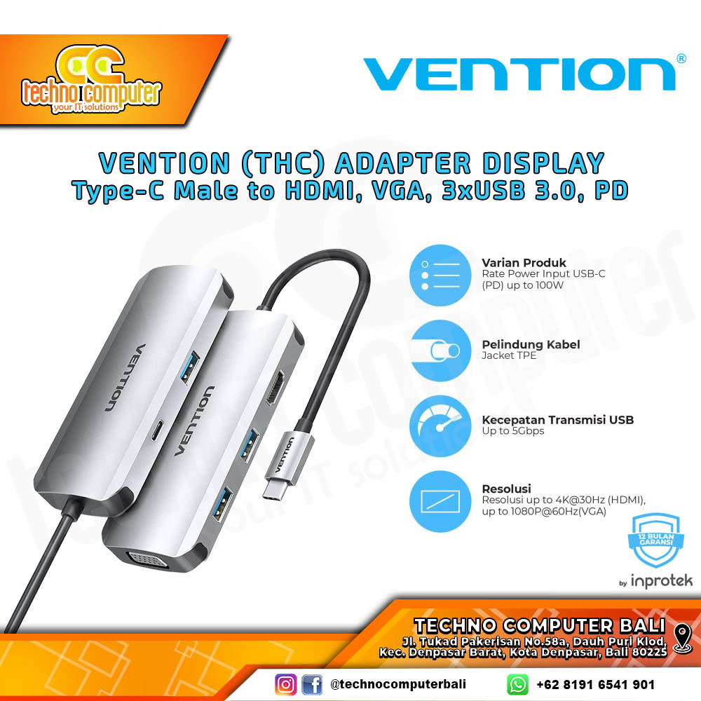 VENTION CONVERTER ADAPTER DISPLAY - Type-C to HDMI, VGA, 3xUSB 3.0, PD - THC 0.15M