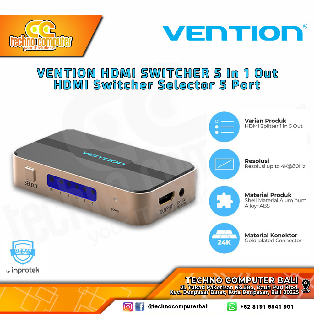 VENTION HDMI SWITCHER (5 in 1 out) HDMI Switch Selector 5 Ports - ACD