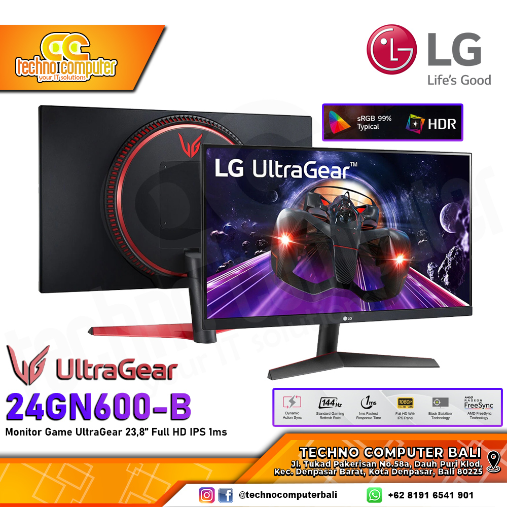 LG 24GN600-B UltraGear Gaming Monitor - 24 inch, FHD (1920 x 1080), IPS, 144Hz, 1ms, FreeSync