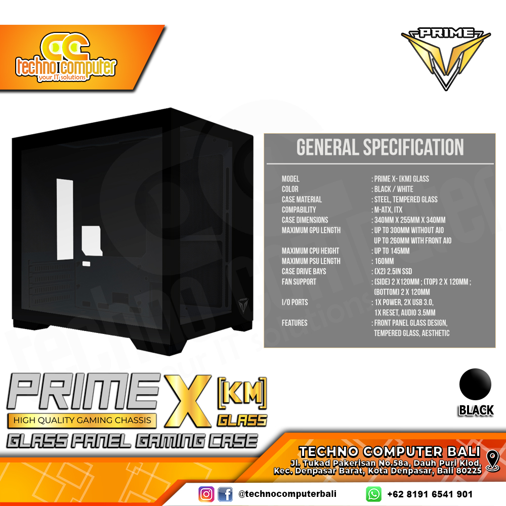 CASING PRIME GAMING X-[KM] Glass Black - Mid Tower mATX Case Tempered Glass