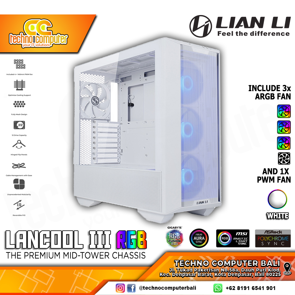 CASING LIAN LI LANCOOL III RGB White - Mid Tower E-ATX Case Tempered Glass (Free 3x ARGB Fan)