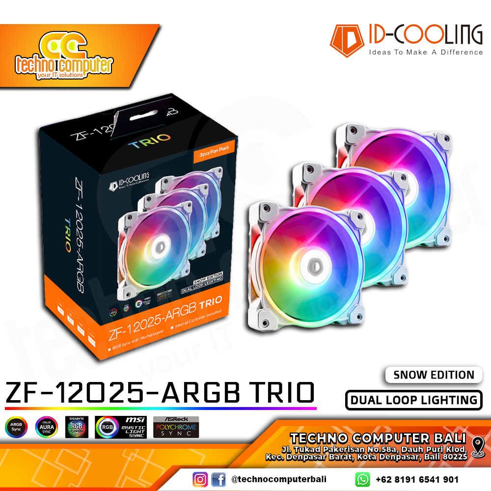 FAN CASING ID-COOLING ZF-12025-ARGB TRIO SNOW - 120mm ARGB PWM Fan Triple Pack