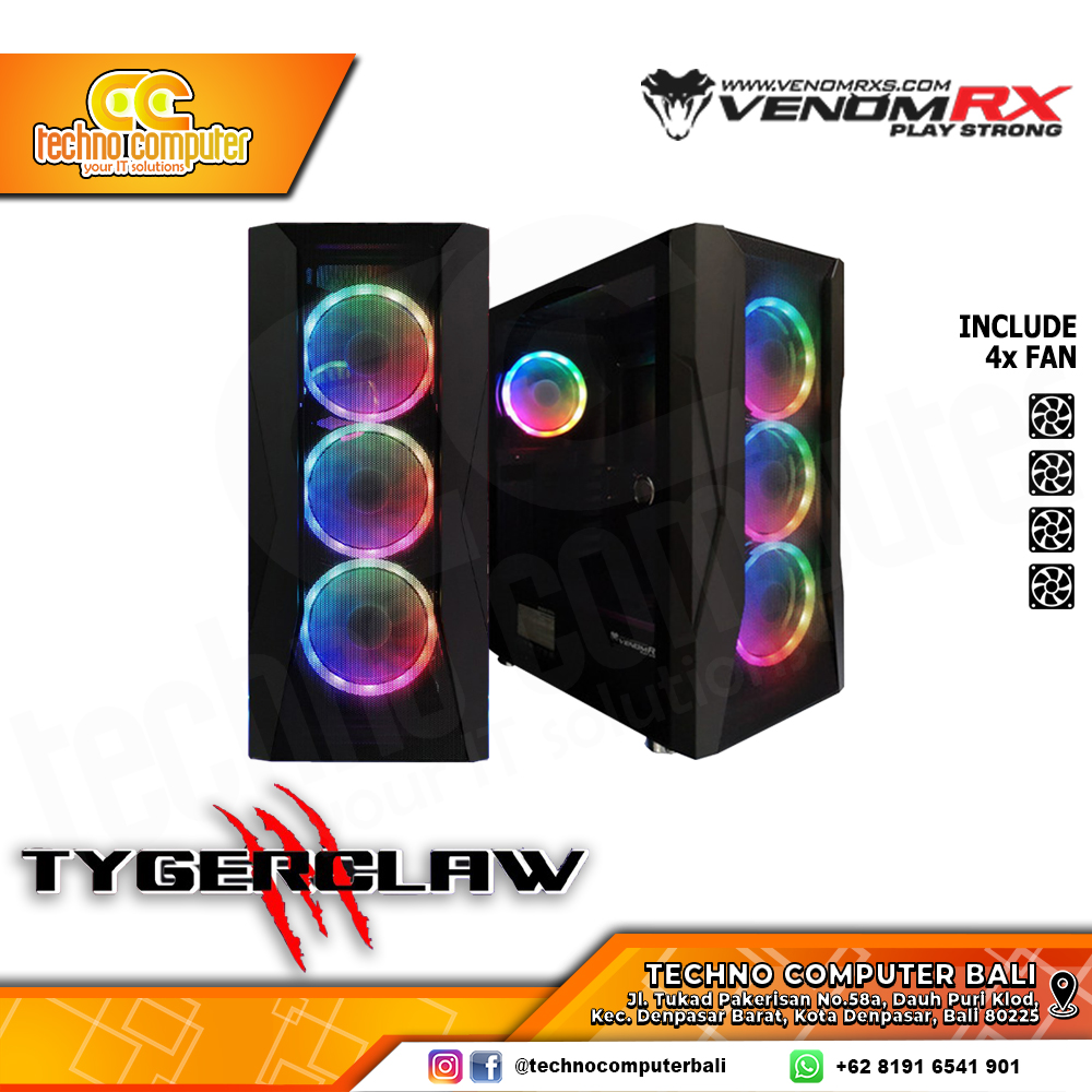 CASING VENOMRX TYGERCLAW - Mid Tower ATX Case Tempered Glass (Free 4x Fan)