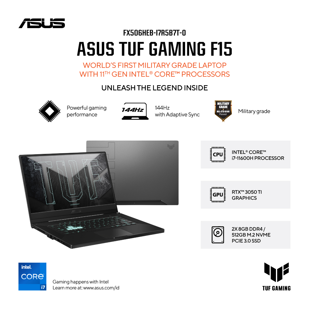 ASUS TUF Gaming F15 [FX506HEB-I7R5B7T-O] Core i7-11600H/RAM 16GB/SSD 512GB/RTX 3050TI/Win10
