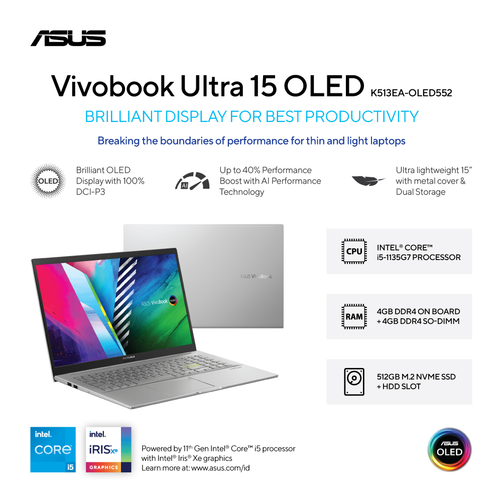 ASUS VivoBook Ultra 15 OLED [K513EA-OLED552] Core i5-1135G7/2x4GB RAM/SSD 512GB/Intel Iris Xe Graphi