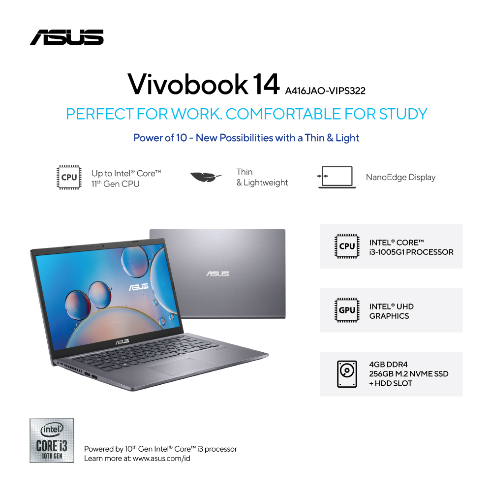 ASUS VivoBook 14 [A416JAO-VIPS322] Core i3-1005G1/RAM 4GB/SSD 256GB/Intel UHD/Win11