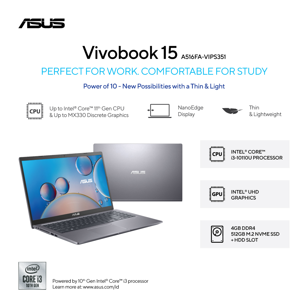 ASUS VivoBook 15 [A516FA-VIPS351] Core i3-10110U/RAM 4GB/SSD 512GB/Intel UHD/Win11