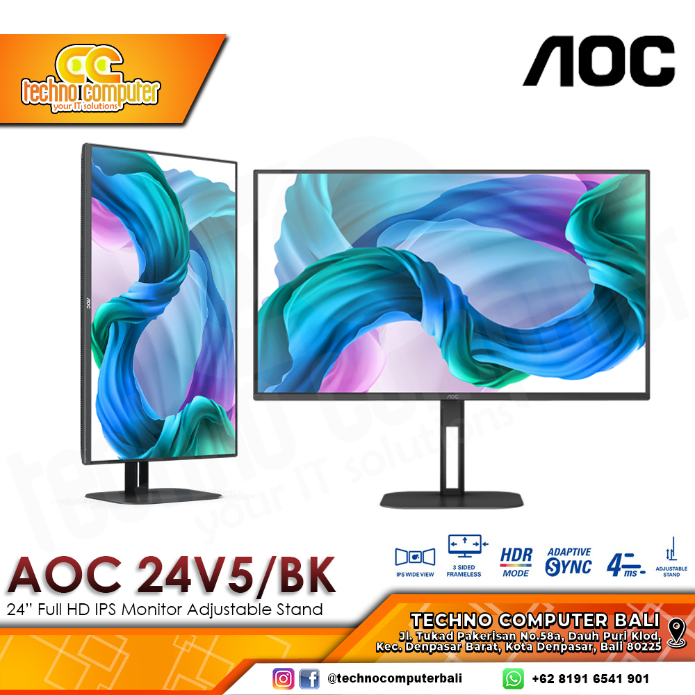 AOC 24V5/BK Monitor - 24 inch, FHD (1920 x 1080), IPS, 75Hz, 4ms