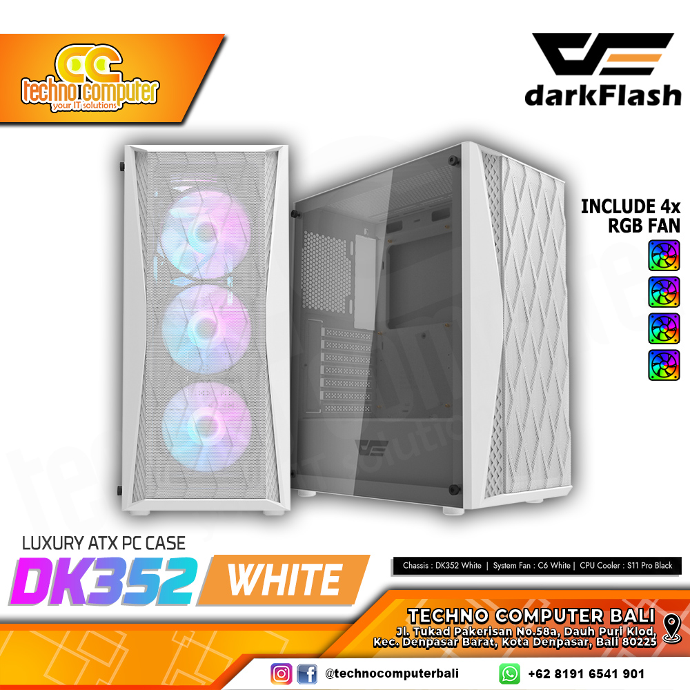 CASING DARKFLASH DK352 White - Mid Tower ATX Case Tempered Glass (Free 4x Fan RGB)