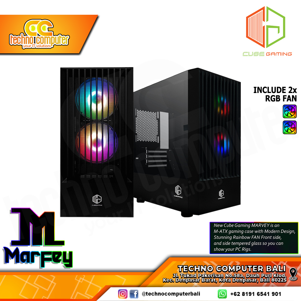 CASING CUBE GAMING MARFEY Black - Mid Tower mATX Case Tempered Glass (Free 2x RGB Fan)