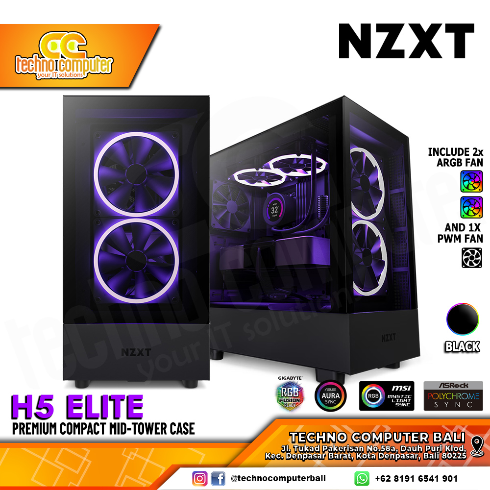 CASING NZXT H5 ELITE Edition Black - Mid Tower ATX Case Tempered Glass (Free 2x ARGB Fan)