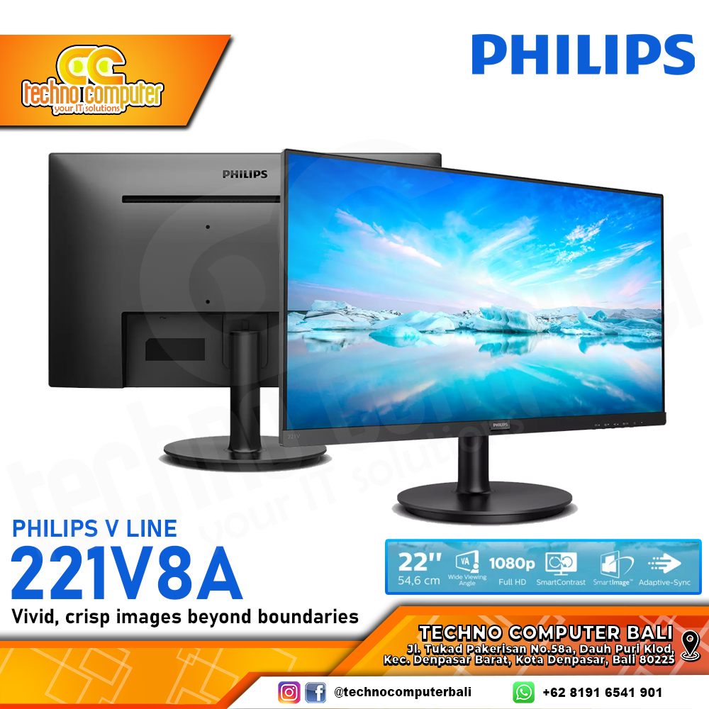 PHILIPS 221V8A/70 LED Monitor - 22 inch, FHD (1920 x 1080), VA, 75Hz, 4ms