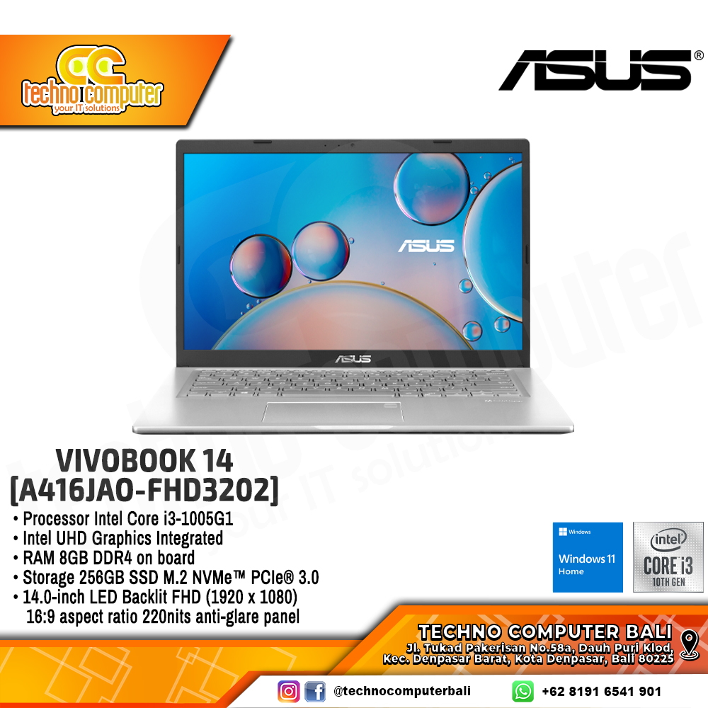 ASUS VivoBook 14 [A416JAO-FHD3202] Core i3-1005G1/RAM 8GB/SSD 256GB/Intel UHD/Win11
