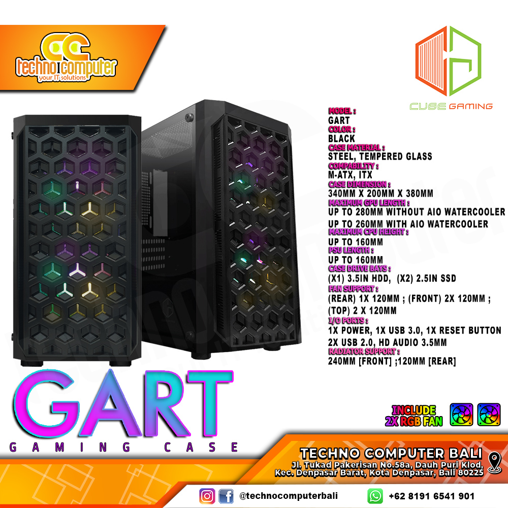 CASING CUBE GAMING GART - Mid Tower mATX Case Tempered Glass (Free 2x RGB Fan)