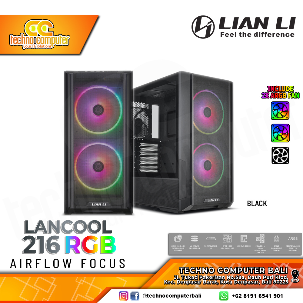 CASING LIAN LI LANCOOL 216 RGB Black - Mid Tower E-ATX Case Tempered Glass (Free 2x ARGB Fan)