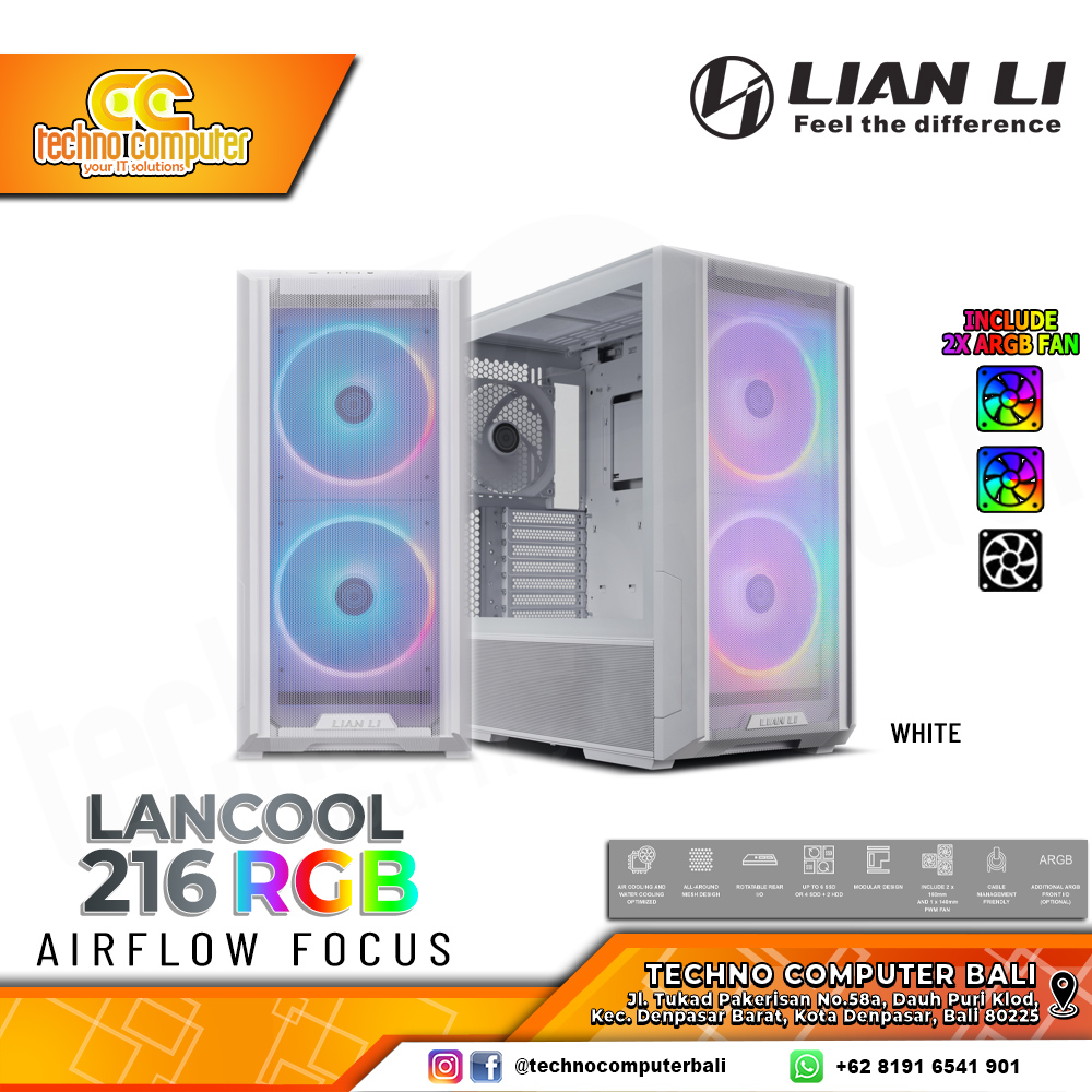CASING LIAN LI LANCOOL 216 RGB White - Mid Tower E-ATX Case Tempered Glass (Free 2x ARGB Fan)