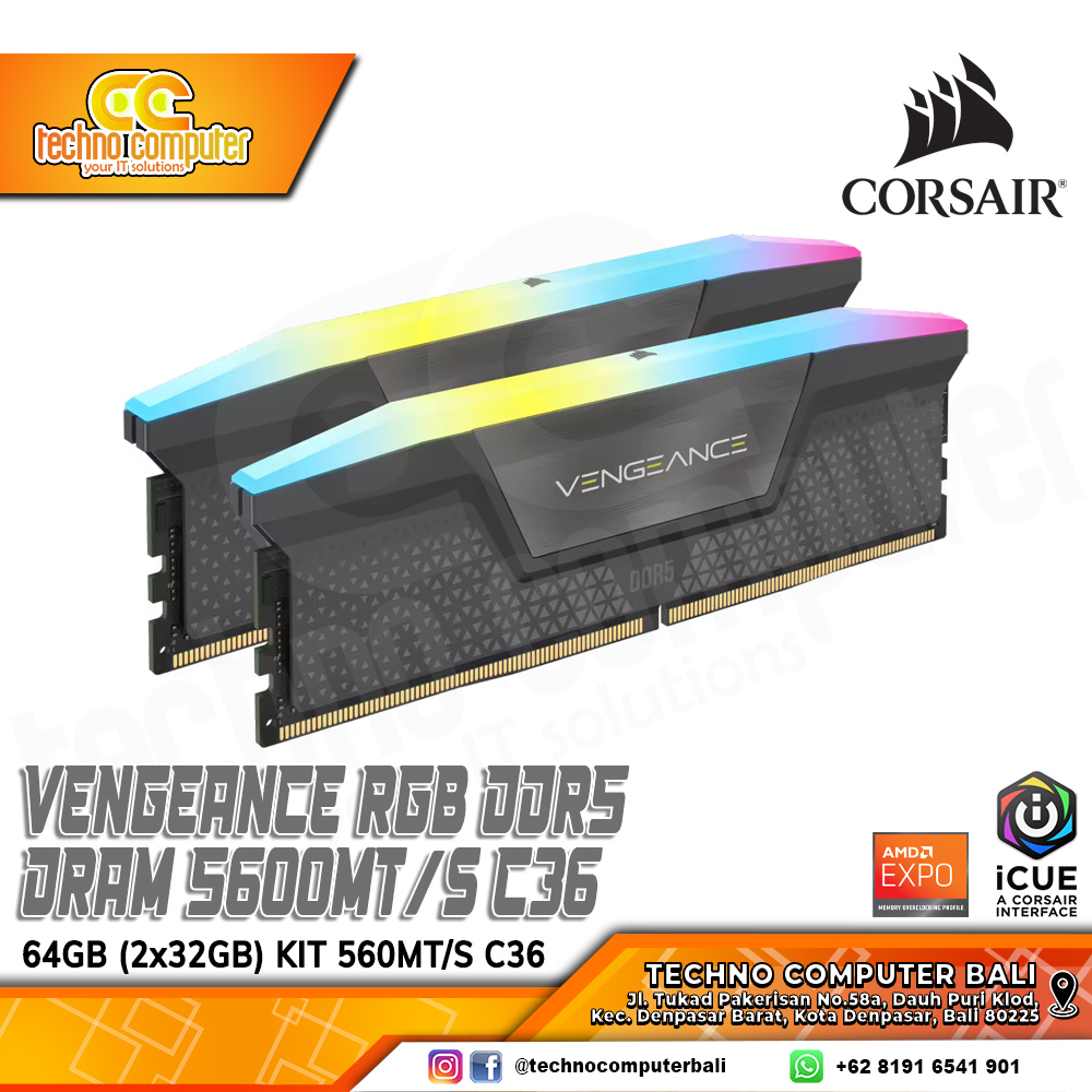 DDR5 CORSAIR VENGEANCE RGB 64GB (2x32GB) Kit Optimized for AMD 6500MHz C36 - COOL GREY
