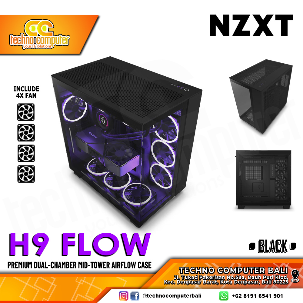 CASING NZXT H9 FLOW Edition Black - Dual-Chamber Mid Tower ATX Case Tempered Glass (Free 4x Fan)
